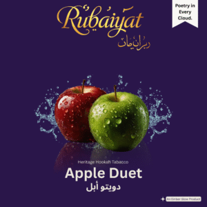 Rubaiyat Apple Duet hookah tobacco pack featuring red and green apples with water splash on a royal purple background.