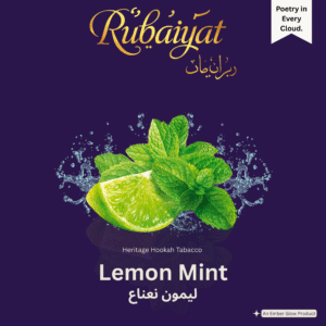 Rubaiyat Lemon Mint hookah tobacco pack featuring fresh lemon slice with mint leaves and water splash on royal purple background.