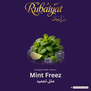 Rubaiyat Mint Freez hookah tobacco pack with fresh mint leaves, lime slice, and ice cubes on royal purple background.