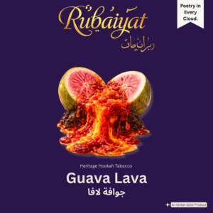 Rubaiyat Guava Lava hookah tobacco featuring halved pink guava with molten lava-style fruit splash on a royal purple background.